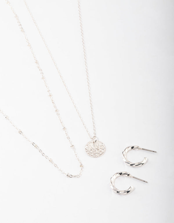 Silver Layered Textured Disc Necklace & Earrings Set