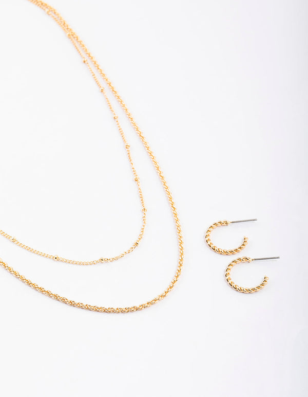 Gold Twist Station Necklace & Earrings Set