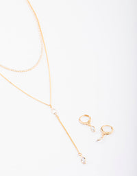 Gold Layered Y-Neck Necklace & Earrings Jewellery Set - link has visual effect only