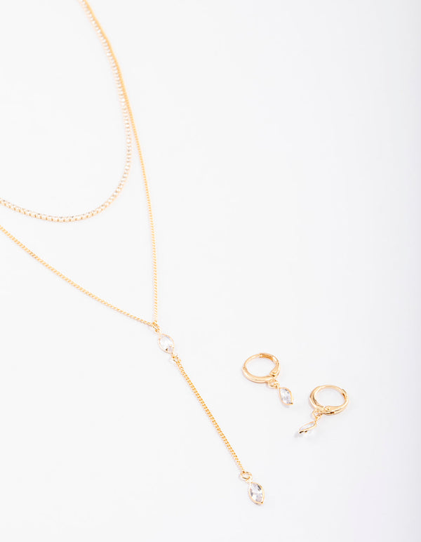 Gold Layered Y-Neck Necklace & Earrings Jewellery Set