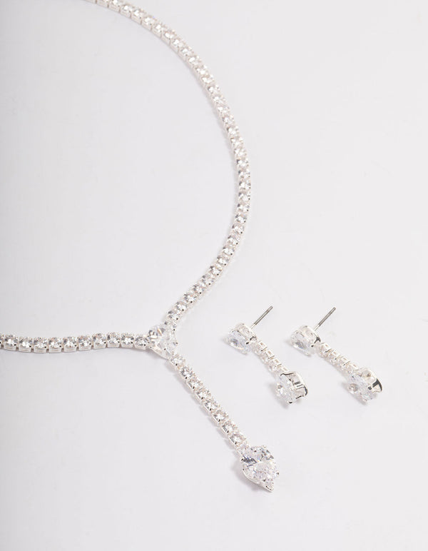 Silver Statement Y-Necklace & Earrings Set
