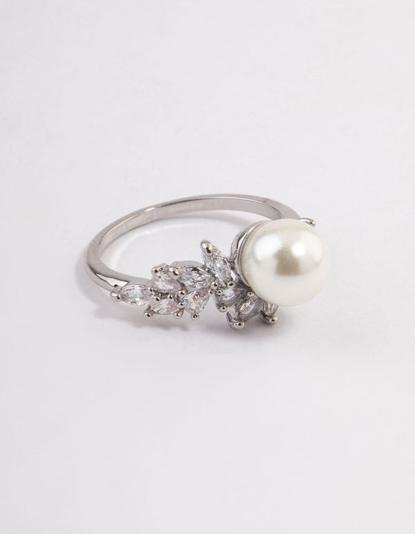Silver Leafy Pearl Ring