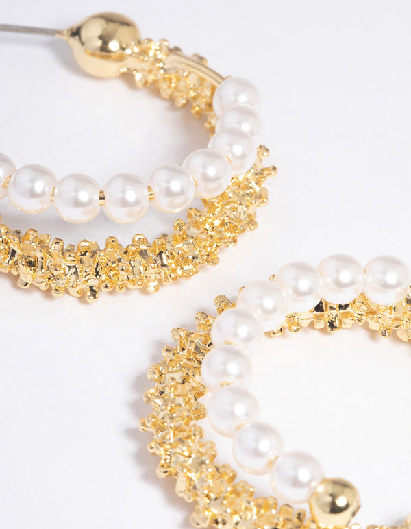Gold Plated Double Layer Molten Freshwater Pearl Hoop Earrings