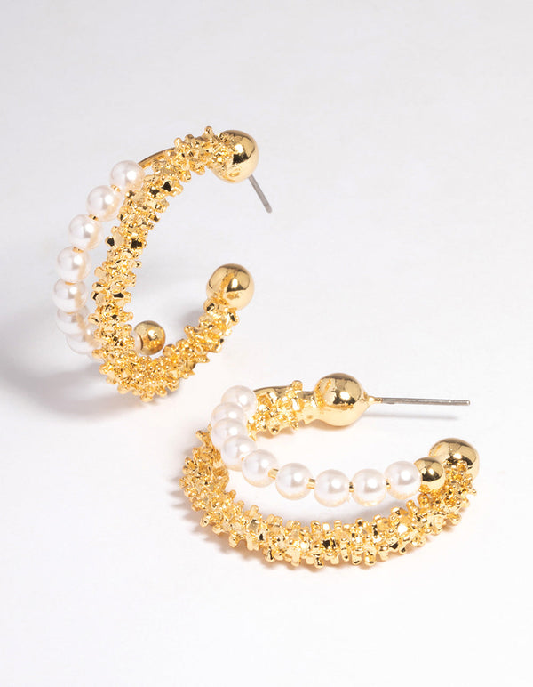 Gold Plated Double Layer Molten Freshwater Pearl Hoop Earrings