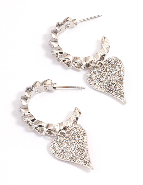 Rhodium Crystal Heart Hoop Earrings