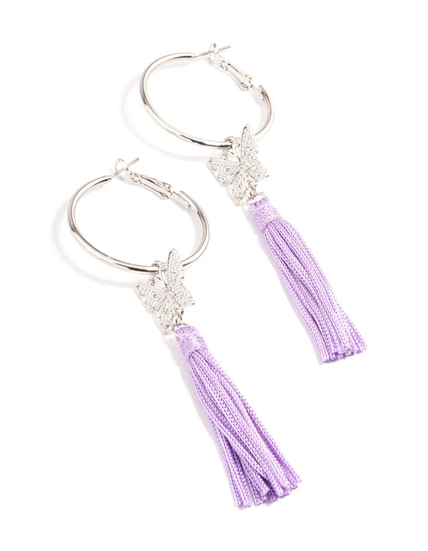 Rhodium Purple Flower Tassel Hoop Earrings