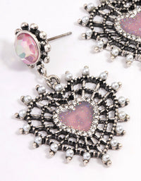 Antique Silver Pink Sparkle Heart Earrings - link has visual effect only