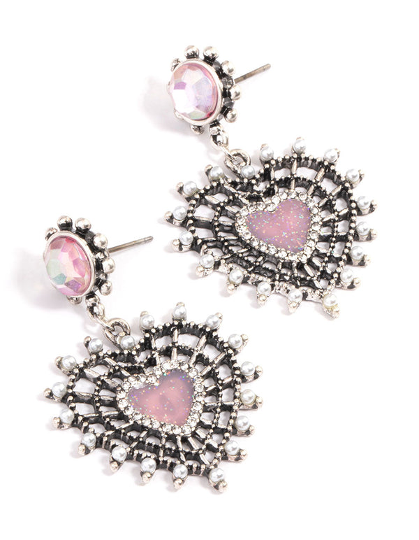 Antique Silver Pink Sparkle Heart Earrings