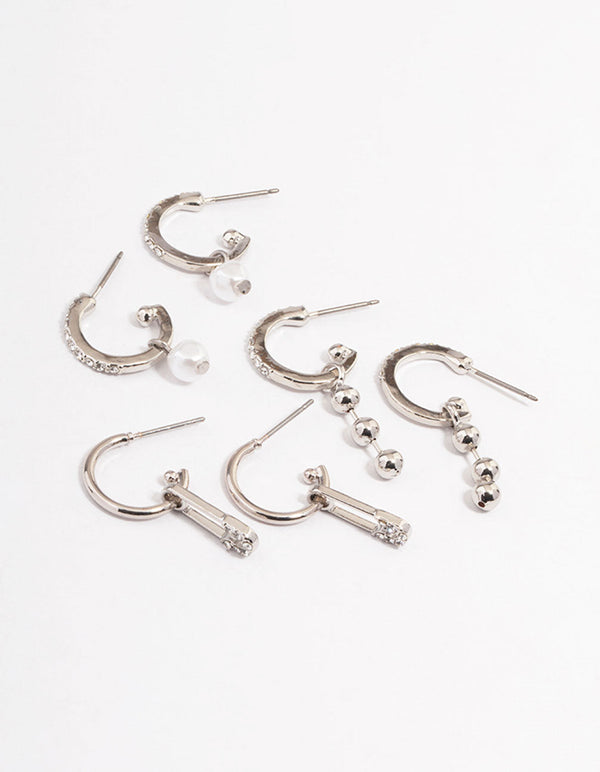 Rhodium Safety Pin Stacker Earrings