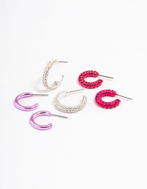 Rhodium & Pink Diamante Stacker Earrings