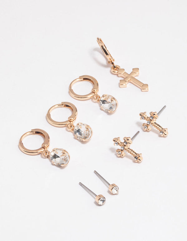 Gold Cross Diamante Huggie Earrings 4-Pack