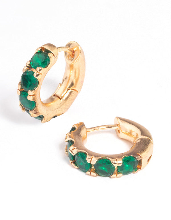Gold Green Stone Thick Huggie Earrings