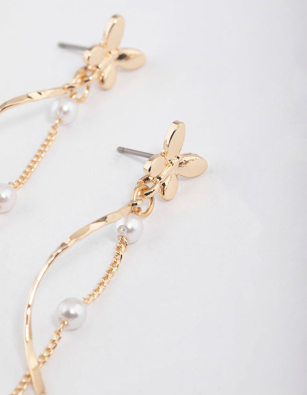 Gold Butterfly Pearl Twisted Drop Earrings