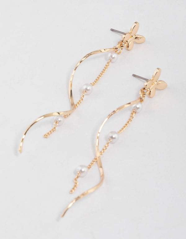 Gold Butterfly Pearl Twisted Drop Earrings