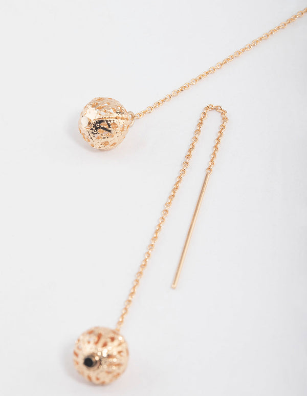Gold Filigree Ball Threader Drop Earrings