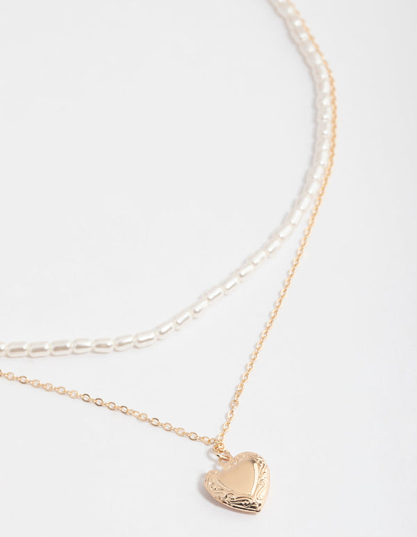 Gold Double Row Pearl Chain & Heart Locket Necklace