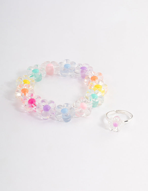 Kids Pastel Flower Stretch Bracelet & Ring Set