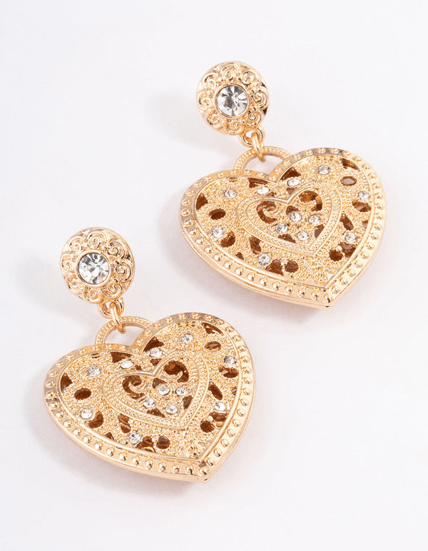 Gold Diamante Heart Filigree Drop Earrings