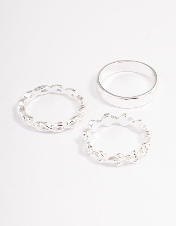 Silver Plain & Twisted Ring 3-Pack