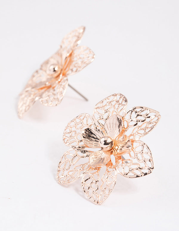 Rose Gold Filigree Flower Stud Earrings