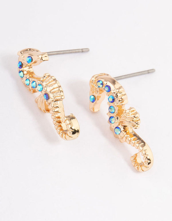 Blue Diamante Seahorse Stud Earrings