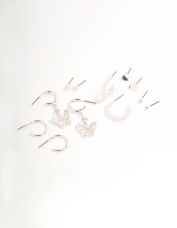 Silver Charm & Pearl Stud Earrings 6-Pack
