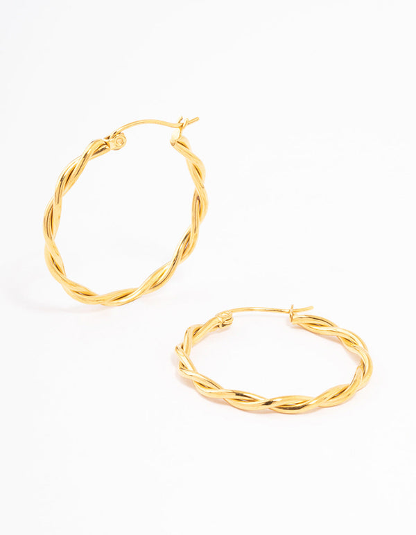 Gold Plated Stainless Steel Medium Thin Twisted Hoop Earrings