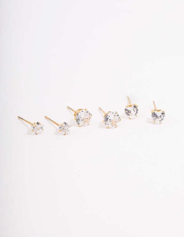 Gold Plated Stainless Steel Star & Heart Stud Earrings Pack