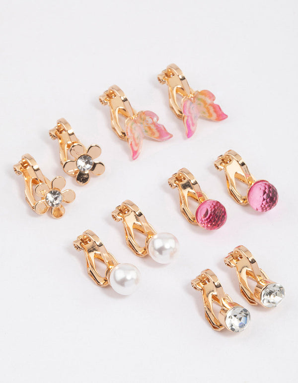 Gold Flower & Butterfly Clip On Earrings 5-Pack