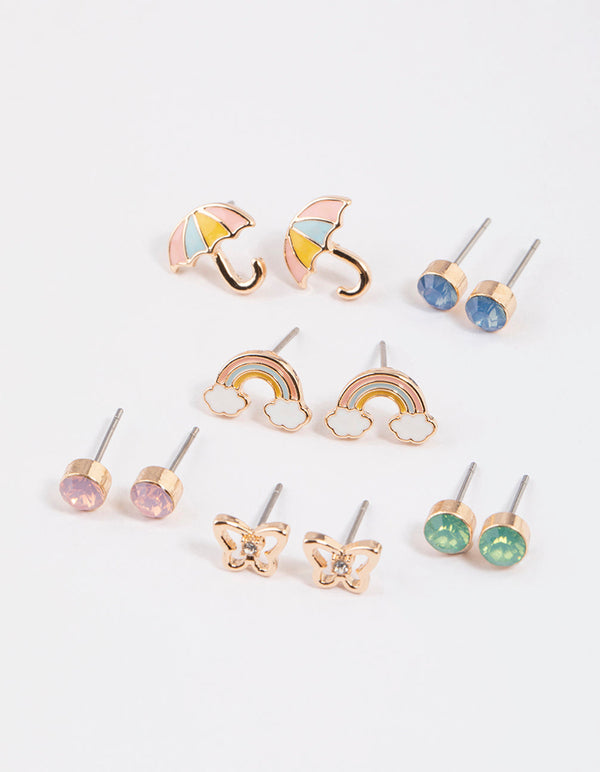 Kids Butterfly Rainbow Stud Earrings 6-Pack
