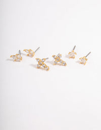Gold Plated Cubic Zirconia Cross & Star Stud Earrings Pack - link has visual effect only