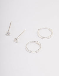 Sterling Silver Diamante & Textured Hoop Earring Pack - link has visual effect only