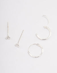 Sterling Silver Diamante & Textured Hoop Earring Pack - link has visual effect only