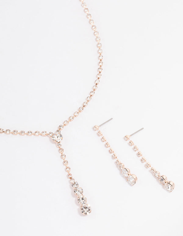 Rose Gold Cupchain Diamante Y-Shape Necklace & Drop Earrings Jewellery Set