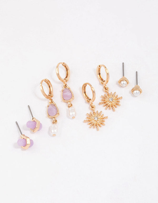 Gold Amethyst Celestial & Pearly Earrings 4-Pack
