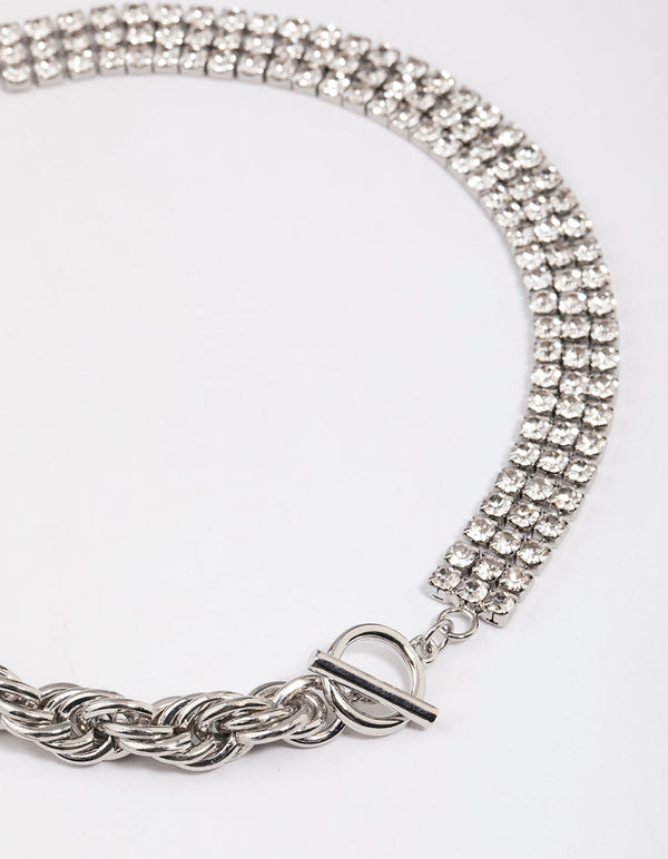 Rhodium Half Twisted Chain & Diamante Necklace