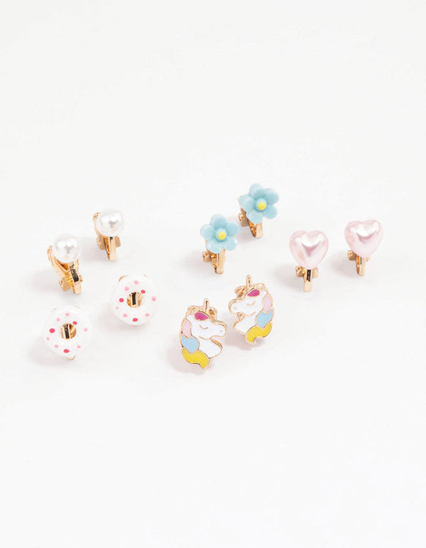 Kids Donut & Flower Clip On Earrings 6-Pack