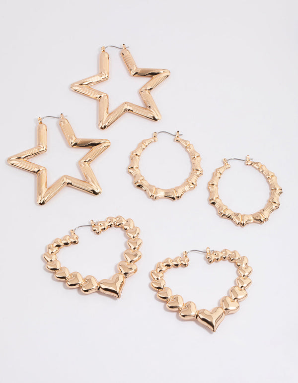 Gold Textured Star Hoop Earrings Pack