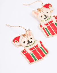 Gold Christmas French Bulldog Present Drop Earrings - link has visual effect only