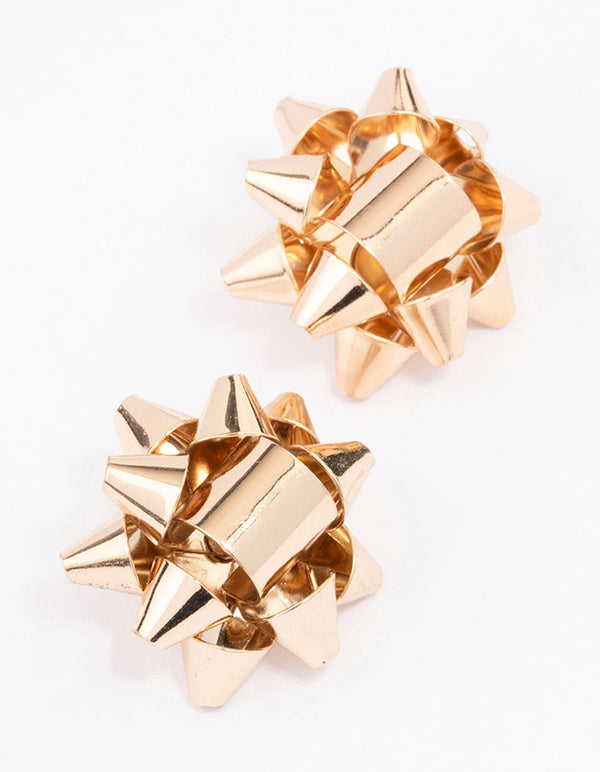 Gold Present Bow Stud Earrings