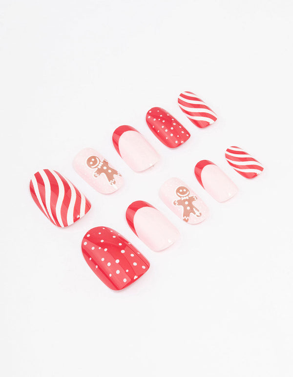 Pink Gingerbread & Red Striped Press On Nails