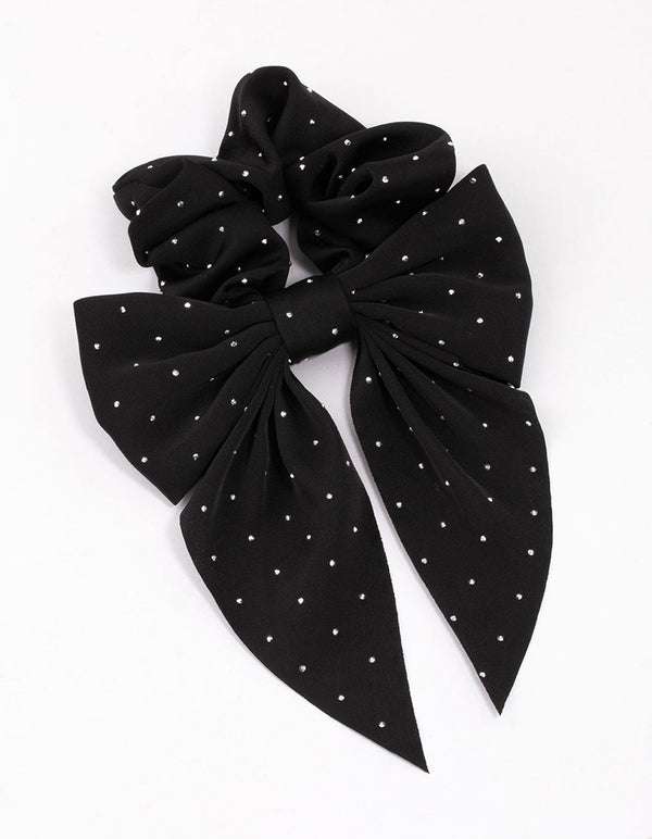 Black Fabric Bow Diamante Hair Scrunchie