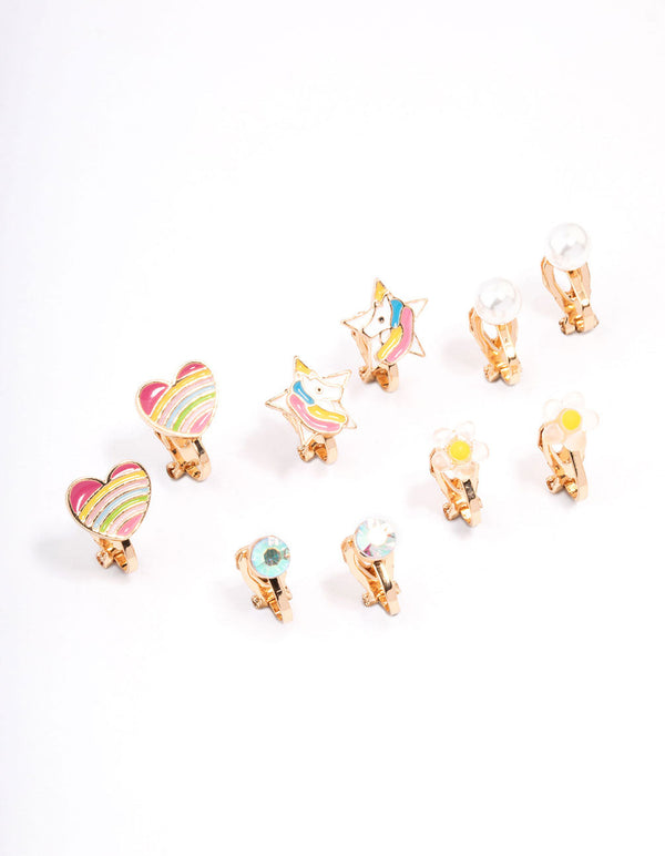 Kids Unicorn & Heart Clip On Earrings 5-Pack