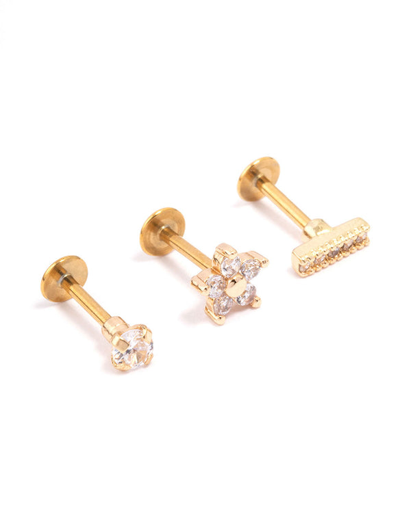 Gold Plated Surgical Steel Cubic Zirconia Floral Flat Back 3-Pack