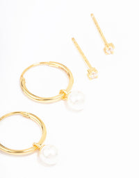 Gold Plated Sterling Silver Cubic Zirconia & Pearl Huggie Earring Pack - link has visual effect only