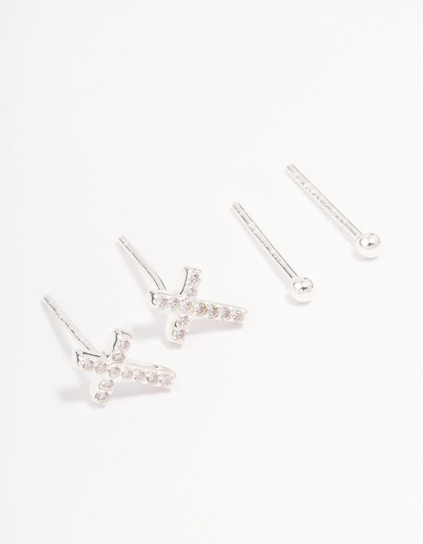 Sterling Silver Pave Cross Earring Pack