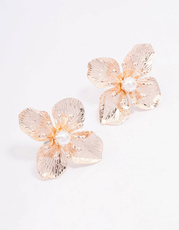 Rose Gold Large Flower Pearl Stud Earrings