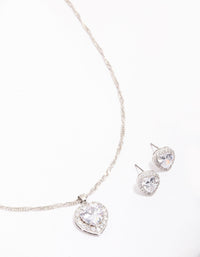Rhodium Cubic Zirconia Halo Heart Jewellery Set - link has visual effect only