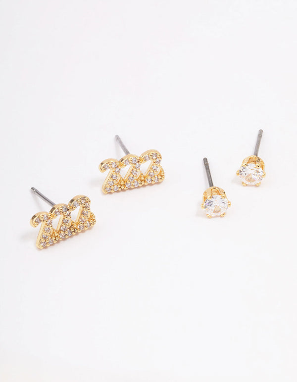 Gold Plated Cubic Zirconia Angel Number 222 Stud Earring Pack