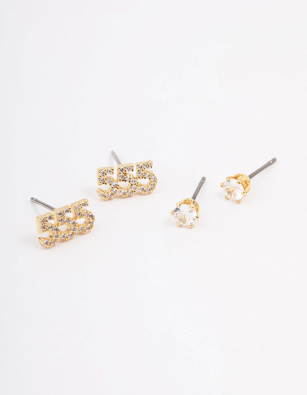 Gold Plated Cubic Zirconia Angel Number 555 Stud Earring Pack